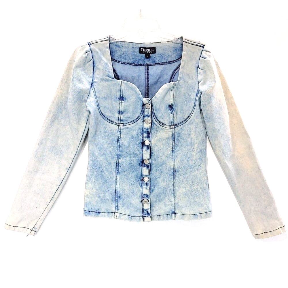 Thrill Jeans Corset Bustier Acid Washed Front Button Shirt Jacket Blue Womens L